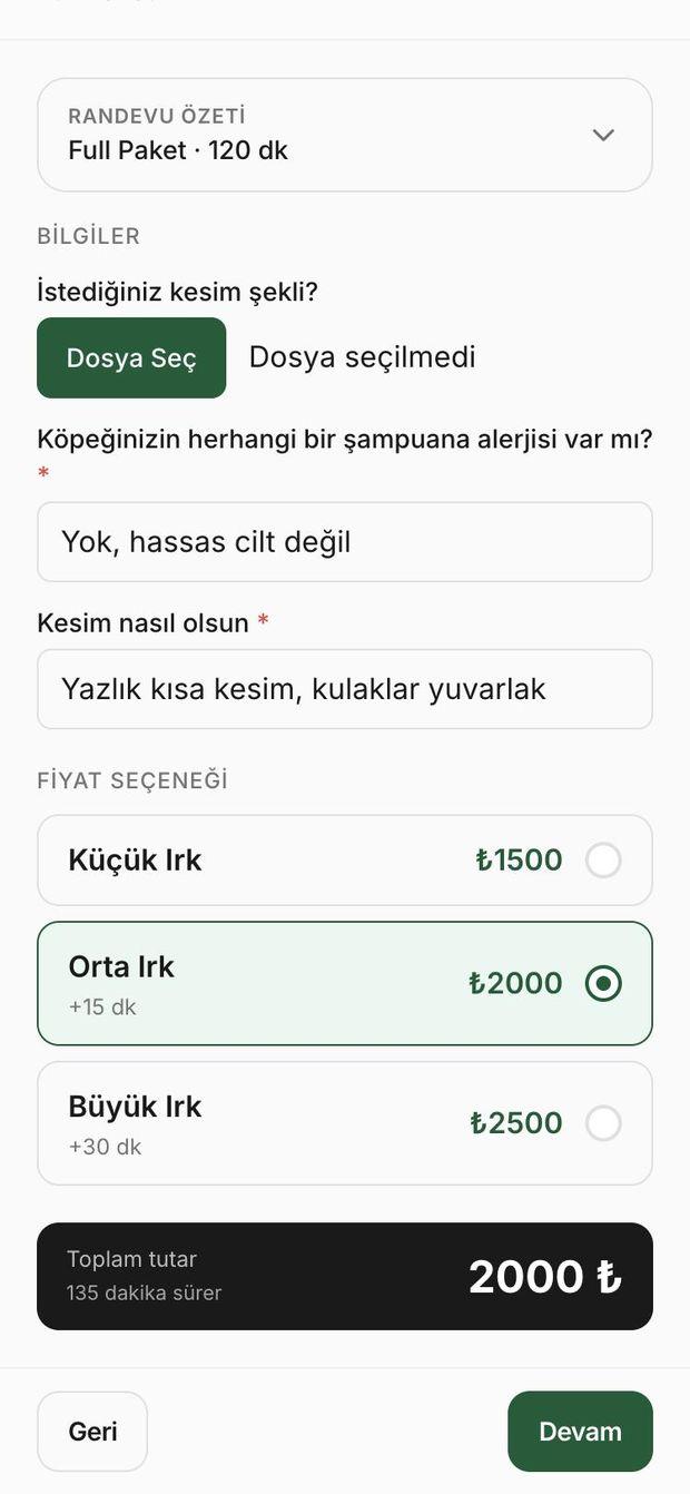 Habitfy randevu ekranı: hizmete özel sorular ve süreyi değiştiren fiyat seçenekleri